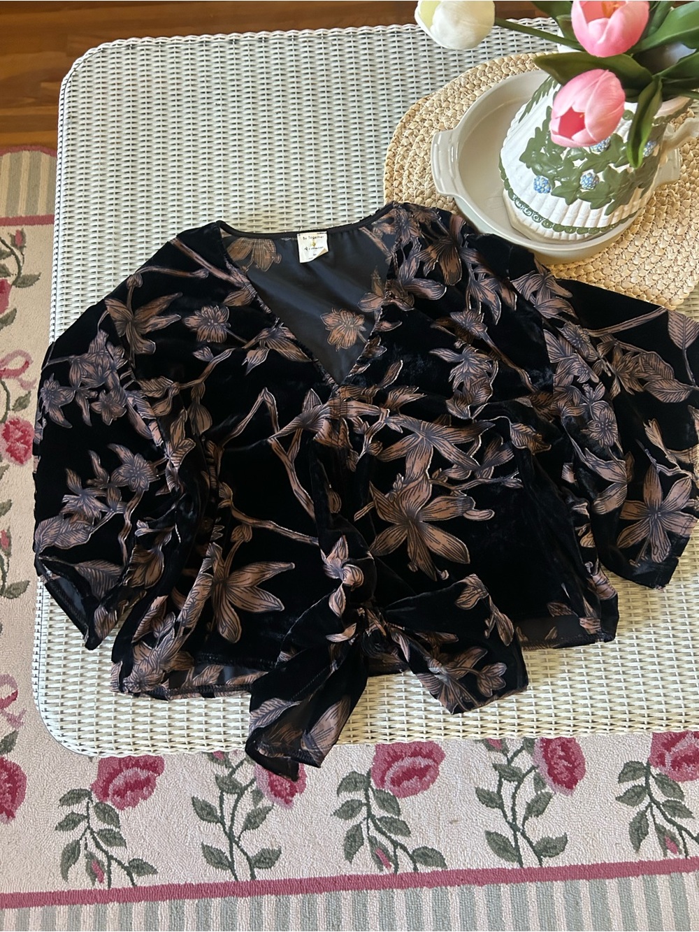 By Together Black Velvet Floral Tie-Front Blouse with Bronze Print